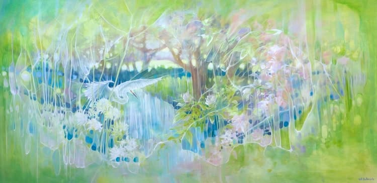 A Quiet Drama, a serene painting of a white egret by a river image